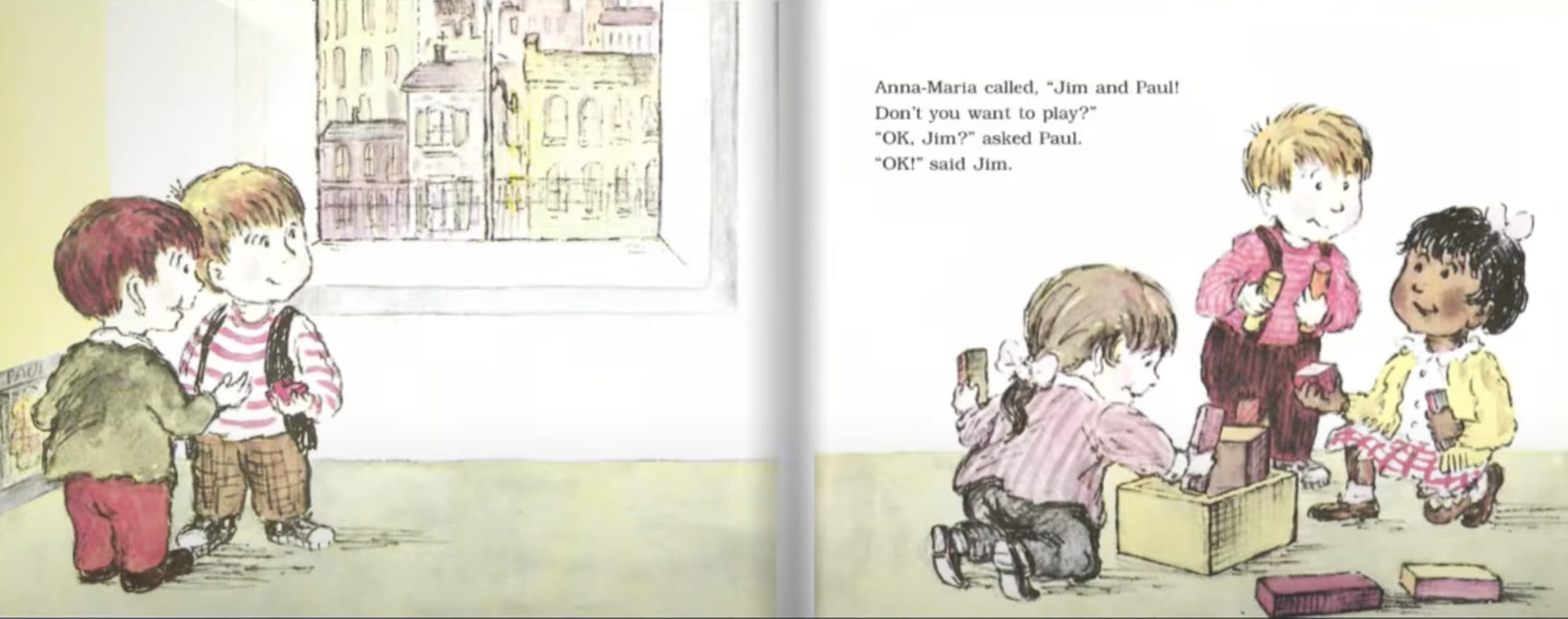 Illustration of two children talking and three children playing with blocks from Will I Have a Friend? by Miriam Cohen and Lillian Hoban
