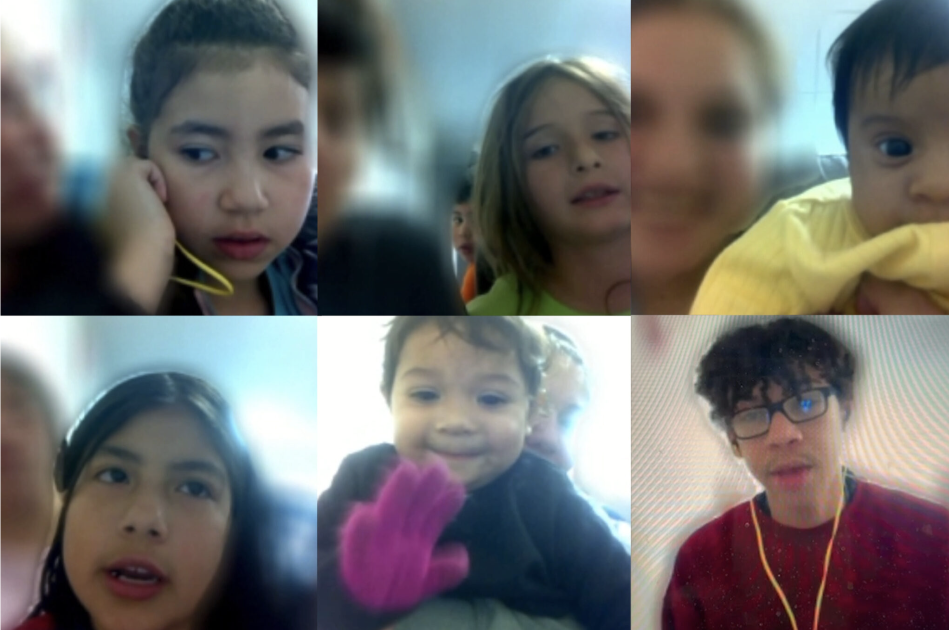 Images of six children in video call frames, speaking from Dilley Detention Center